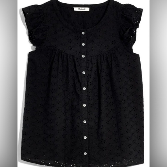 Madewell Tops - MADEWELL Ruffle-Sleeve Bib Eyelet Sleeveless Top Black Size Small